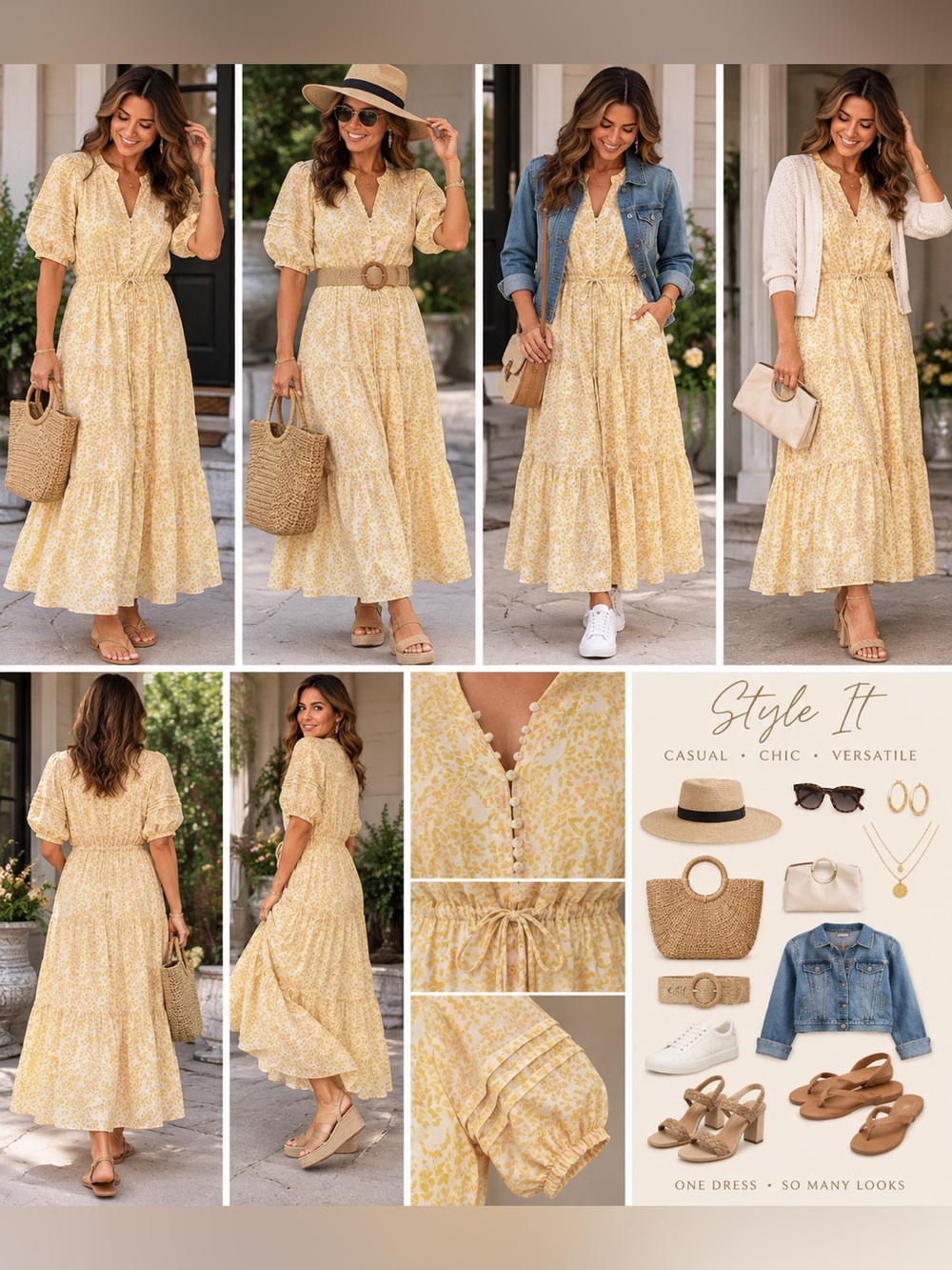 Women’s Yellow Floral Tiered Midi Dress - Casual Chic
